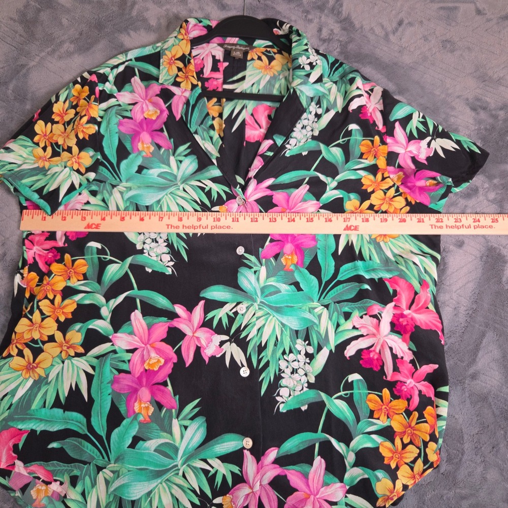 Tommy Bahama 100% Silk Tropical Floral Orchid Shirt Black Large Short Sleeve - Picture 5 of 7